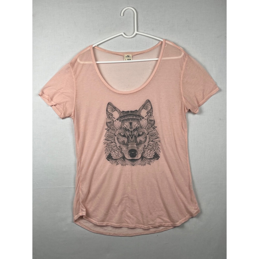 O'Neill Graphic Tee Womens Large Wolf Geometric Scoop Neck Pink Short Sleeve L